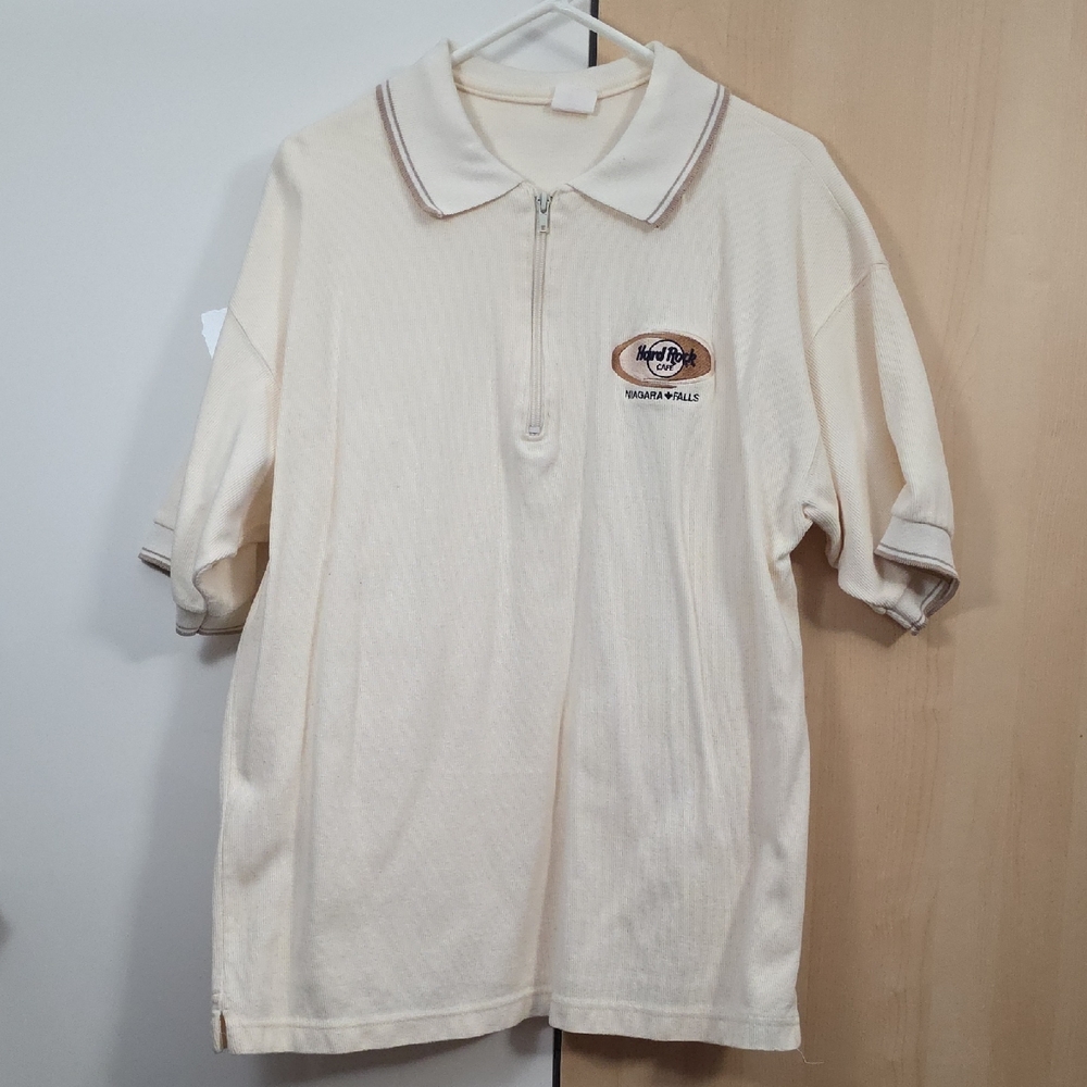 Hard Rock Cafe Niagra Falls 1/4 Zip Knit Polo Shirt Large Men Vtg 90s Cream